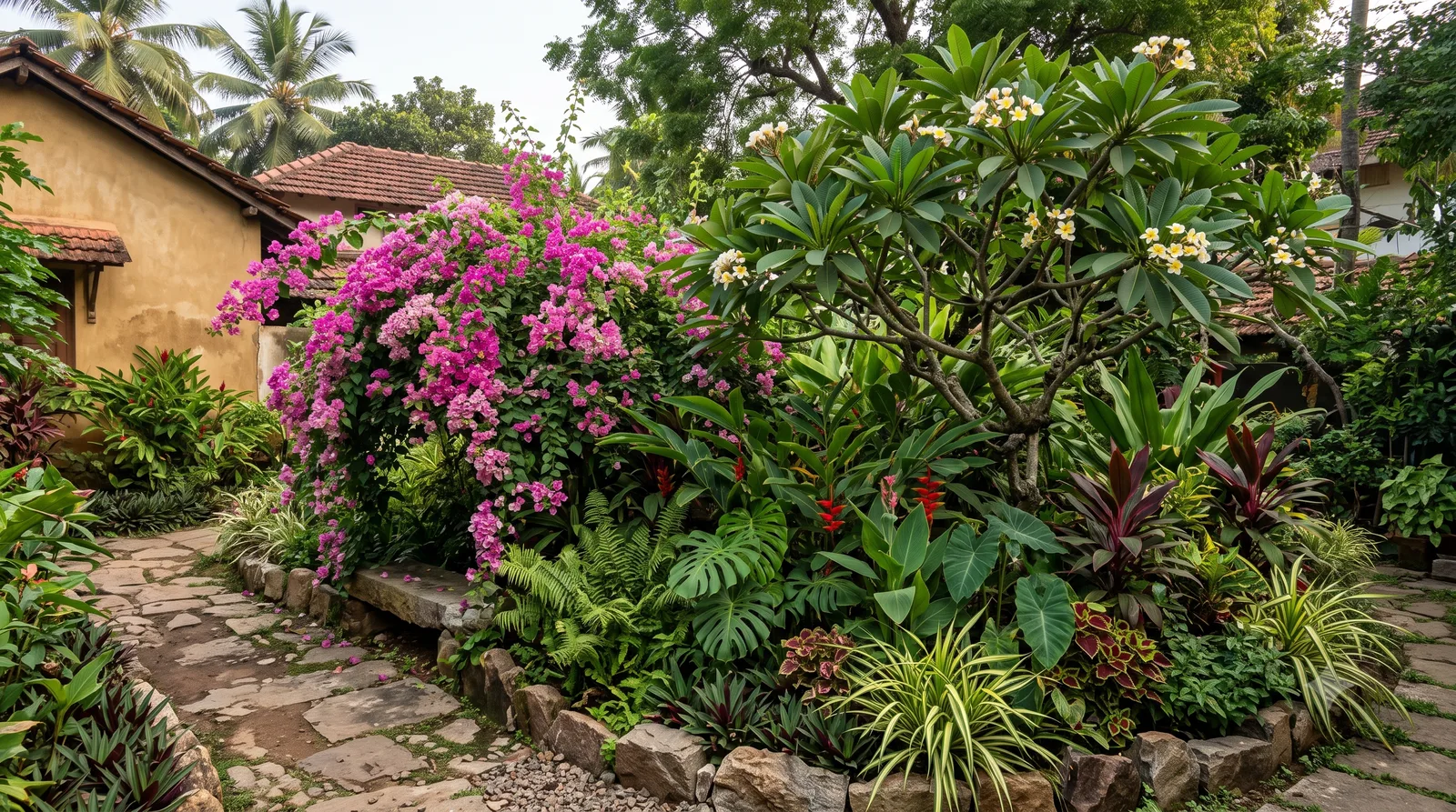 A dense, well-established planting bed of bougainvillea, frangipani and tropical foliage.