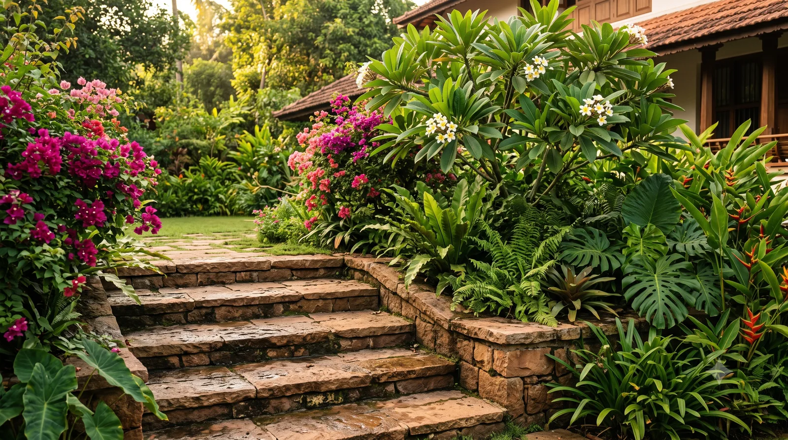 Stone steps and a retaining wall meeting a bed of bougainvillea and frangipani.