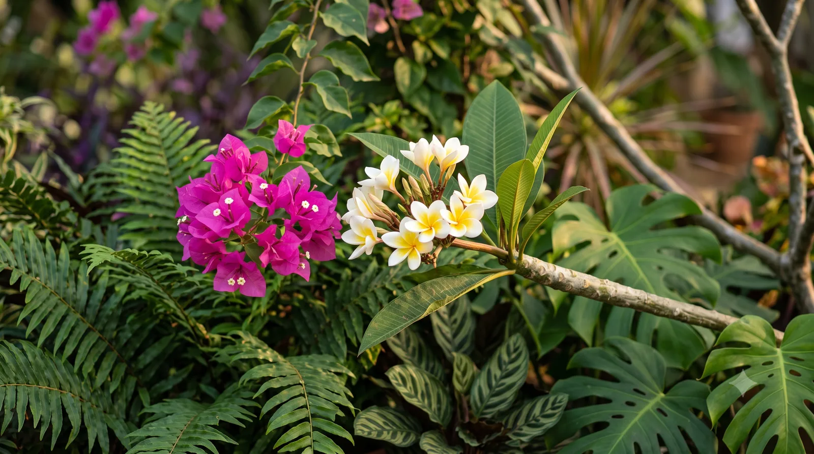 Close detail of bougainvillea and frangipani blooms among ferns and broad foliage.